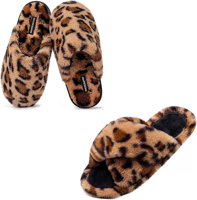 Snug Leaves Womens Slippers of 2 Pairs - Soft Fuzzy Comfy (Size9-10, Brown) - Fluffy Cross Band Open Toe (Size9-10, Brown)