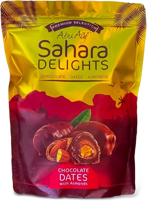 Abu Auf Sahara Delights Chocolate Covered Dates with Almonds, Premium Selection, 300g