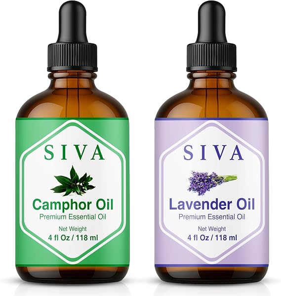 Siva Camphor and Lavender Essential Oil 4oz Bundle Super Saver Combo Value Set for Aroma, Skincare and Haircare