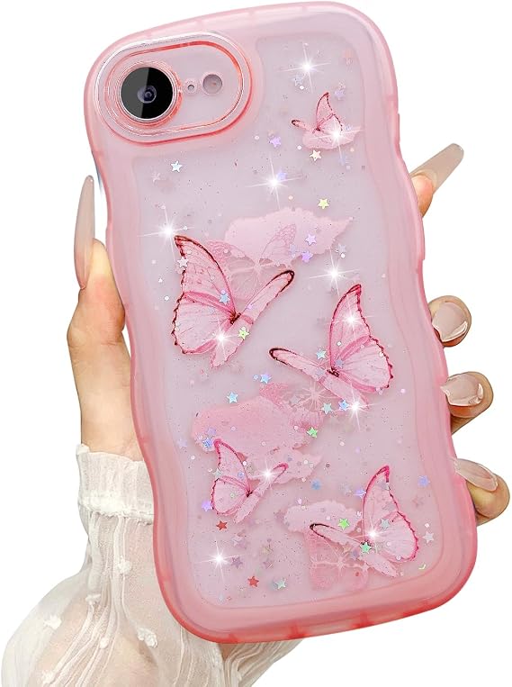 UEEBAI Wave Butterfly Case for iPhone 17e/iPhone 16e Case, Pretty Bling Star Butterfly for Women Cute Shiny Glitter Phone Cover for Girls Bling Clear Cover Curly Shockproof Girly Shell - Pink