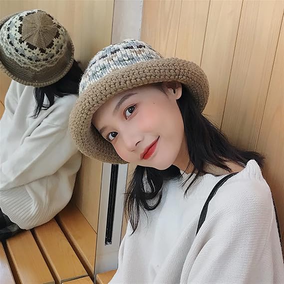LSCZSLYH Hand Woven Cotton Yarn Crochet Bucket Hats Women Plaid Winter Warm Fisher Man Hat Ladies Knit Hat