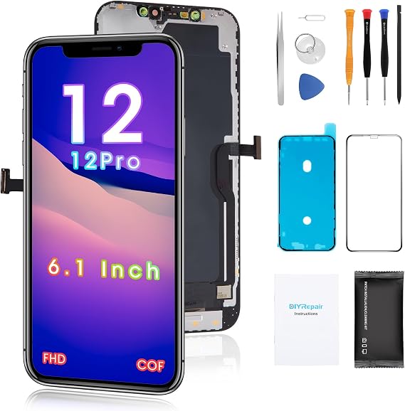 for iPhone 12/12 Pro Screen Replacement 6.1', 3D Touch Display Full Repair kit, Digitizer Assembly with Tools Set, Tempered Glass, Instruction