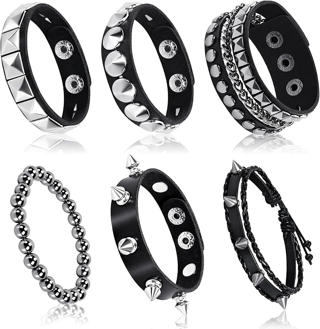 6Pcs Spike Punk Bracelets Set Studded Goth Wristbands for Cosplay