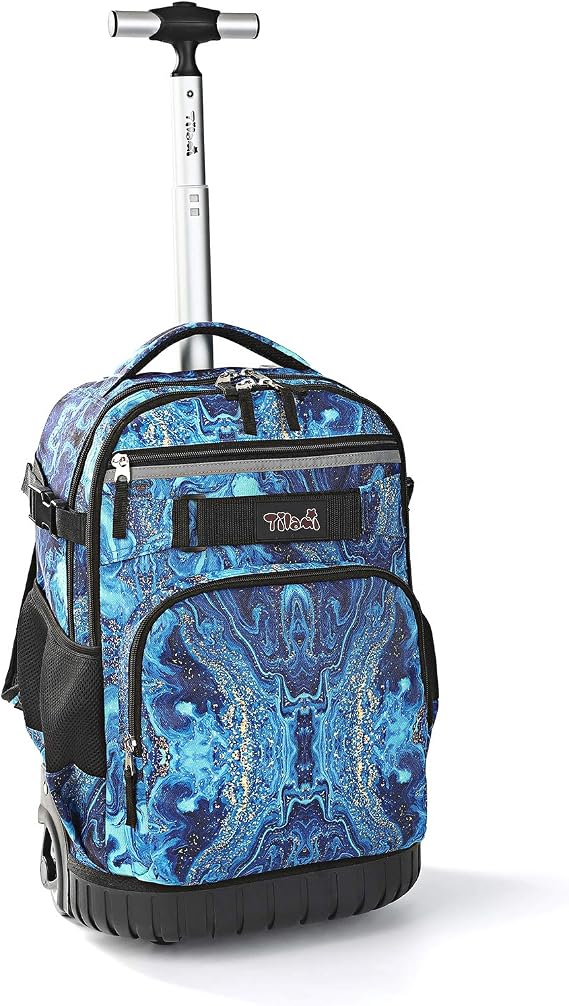 Tilami Rolling Backpack 18 inch Wheeled Laptop Backpack School College Student Travel Trip Boys and Girls (Blue Wave)