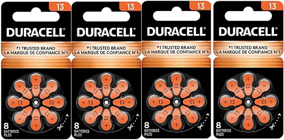 Duracell Hearing Aid Batteries Orange Size 13, 32 Count Pack, 13A Size Hearing Aid Battery with Long-Lasting Power, Extra-Long EasyTab Install for Hearing Aid Devices