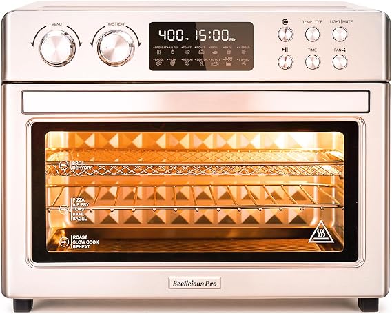 28QT Air Fryer Toaster Oven Combo, Large 12-in-1 Convection Countertop Oven with Next-Gen HeatWave Convection, 3-Layer Cooking, Rotisserie for Chicken, Fits 11" Pizza, Full Accessories, Silver-Pink
