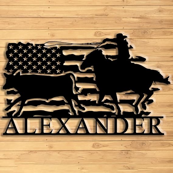 Personalized Western Cowboy Cattle Roping Metal Wall Sign, Custom Tie Down Roper Name Decor, 8-24 Inch