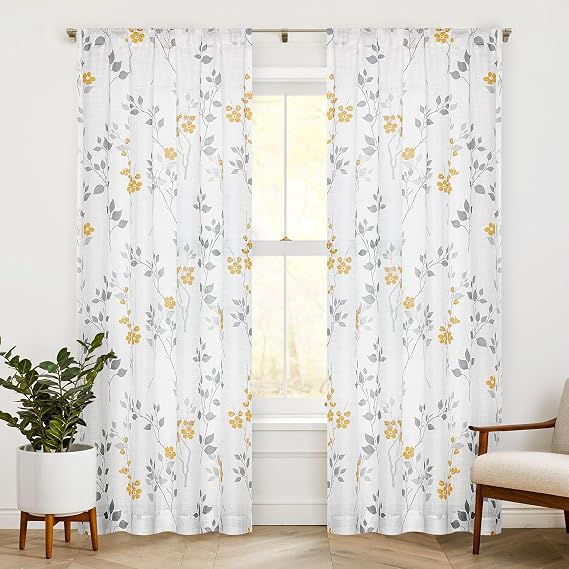 Beauoop Floral Linen Semi Sheer Curtains Living Room Yellow Grey 50x84x2