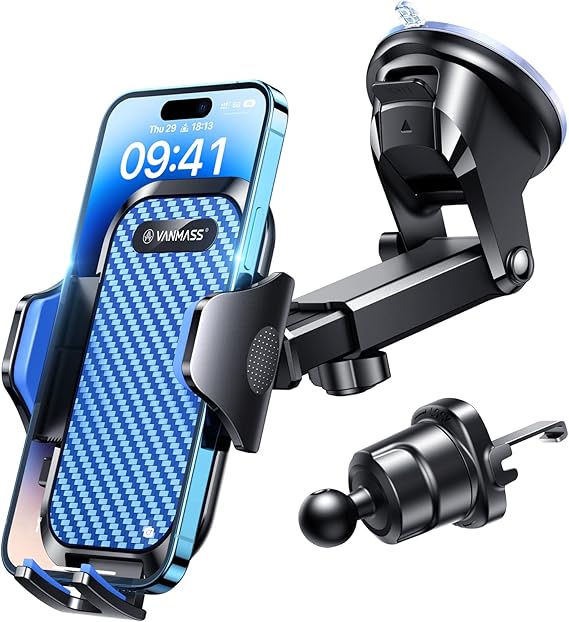 VANMASS Car Phone Holder Ultimate Military-Grade Strongest Suction & Clip Windshield Dash Best Strongest Cell Phone Automotive Dash Gauge Accents for iPhone 18 Pro Max 17 16 15 14 Blue