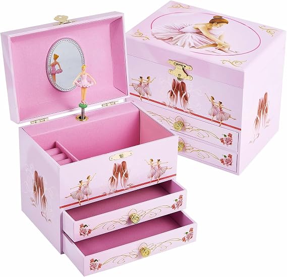 Girl's Gift Ballerina Musical Jewelry Box with 2 Drawers,Music Box with Spinning Ballerina,Kids Jewel Storage Box for Girls Ages 3-12 Kids Gift