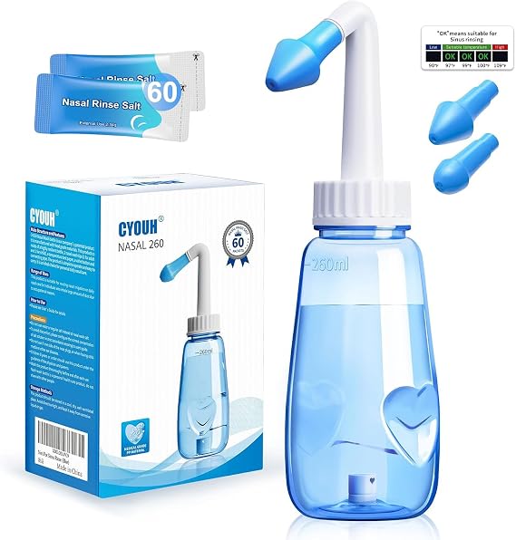 Sinus Rinse Kit, Neti Pot 260 ml, with 60 Packets Nasal Wash Salt, Nasal Wash Nose Rinsing Cleanse Bottle for Adults, Children, and with Allergic Rhinitis(Blue)