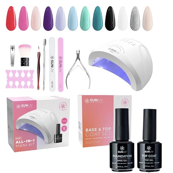 SUNUV Gel Nail Polish Kit with UV Light, 12 Colors, 2 Base Coat, 2 Glossy Top Coat, Manicure Tools