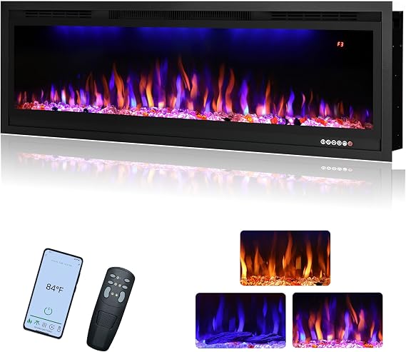 50"/127cm WiFi-Enabled Electric Fireplace Insert, APP Smart Control, Wall Mounted&Recessed Linear Fireplace Heater with Thermostat, Flame&Top Lights, Timer