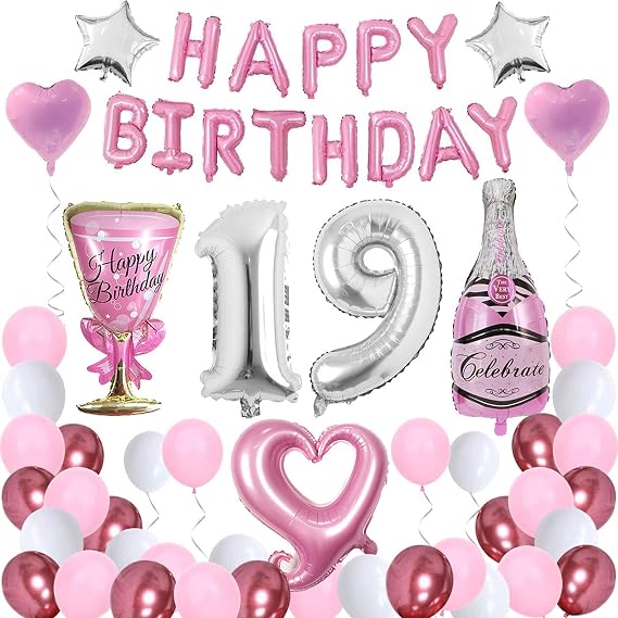 Happy 19th Birthday Party Decorations Set for Women Girl, Pink Happy Birthday Banner 19 Foil Number Balloons for Sweet 19 Decor