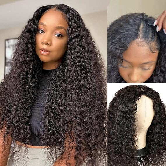 ISEE V Part Wig Human Hair Water Wave Glueless Wig With Clips 18 Inch