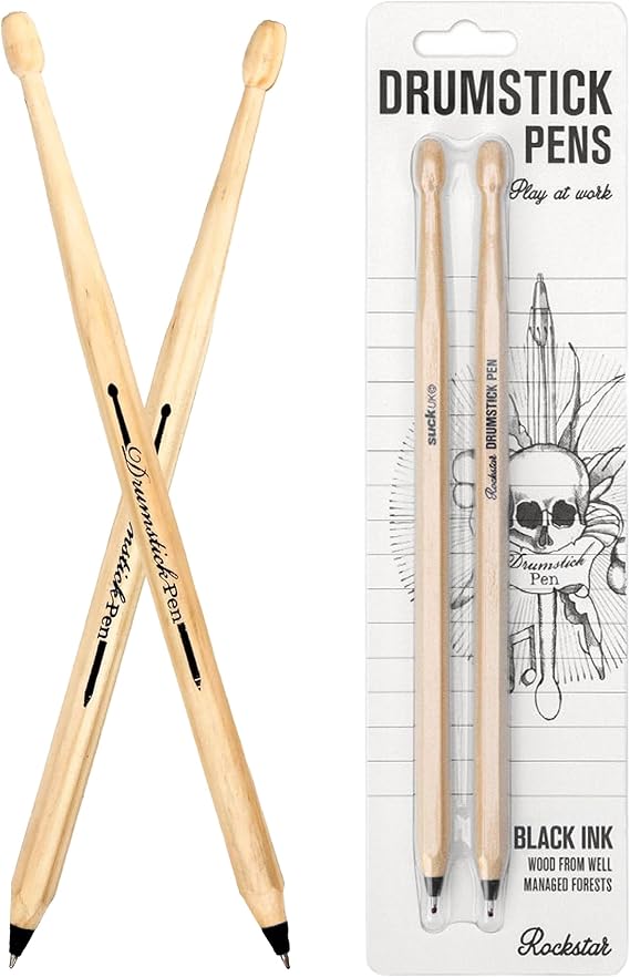 Suck UK Drumstick Pen - Drummer Gifts for Men - Gifts For Drummers - Drum Accessories - Wooden Drumstick Shaped Pen - Music Stationery Supplies - Cool Drum Kit Ballpoint Pens - Set of 2 Black
