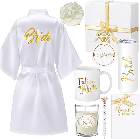 Xtinmee 9 pcs Bride Gifts Box Bridal Shower Gifts Set Bachelorette Gifts Wedding Getting Ready Tumbler Mug Candle Satin Robe for Bride Wedding Bridal Shower Travel Bachelor Party Gifts Supplies