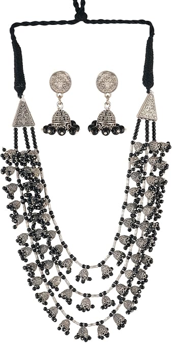 Jwellmart Beaded Statement Chunky Necklaces For Women Multi Strand Colorful Bead Oxidised Silver Layered Bib Indian Necklace Fashion Jewelry Costume Earring Set