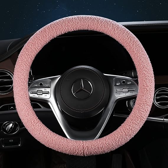 HighnessHwoo Furry Winter Car Steering Wheel Cover for Women, Soft Fleece Plush Warm Universal Auto Accessories for Jeep, Truck, Van, F150, Fuzzy, Anti Slip, Pink, Large Size, 15.2-16in