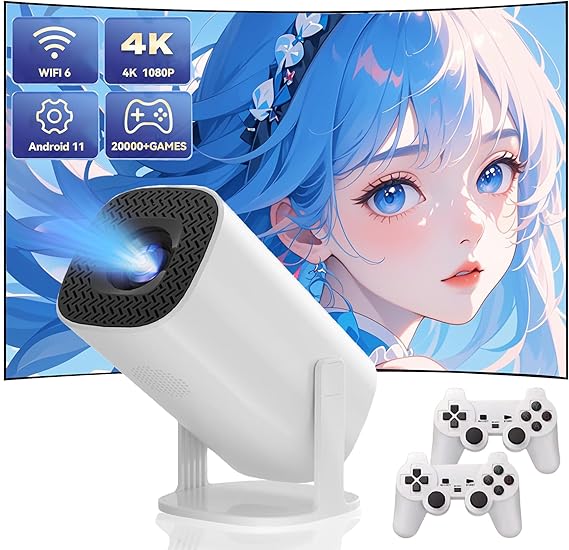 P30 Max Projector and Game With 2 Wireless Controllers, Video Game Console with Retro Games 15000+ Games, 4k Smart Plus HD Auto Keystone Correction Movie Projector with 14 Emulators (P30 MAX-32G)