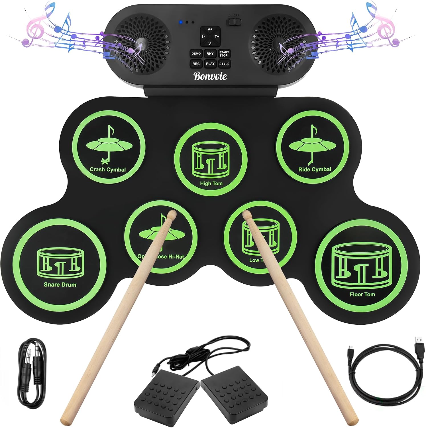 Electronic Drum E-Drum Kit, Bonvvie Roll Up Digital Drums with 7 Pads, MIDI, DTC, Built-in Dual Speakers, Rechargeable 1200mAh Li-ion Battery, Ideal for Beginners, Students & Music Enthusiasts