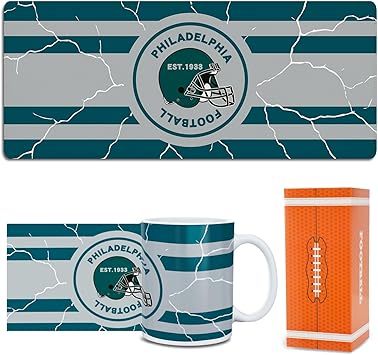 Football Fan Ceramic Coffee Mug Cup and Large Desk Mat Set Philadelphia Themed Merch Shop Men Women Sport Stuff Apparel Memorabilia Eagles Team Decor Desk Accessories Collectibles Merchandise Gift