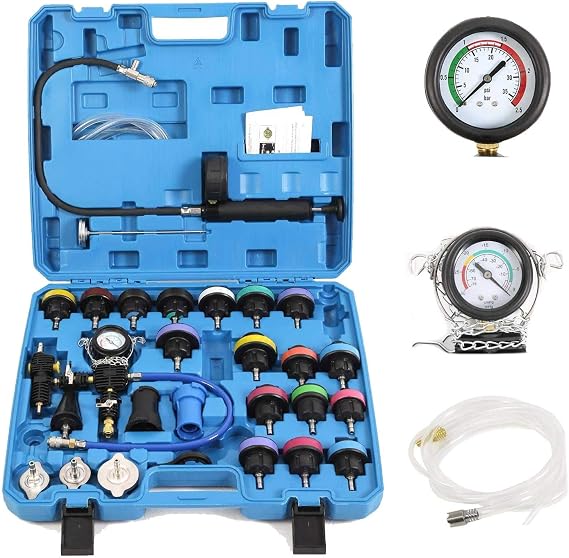 Coolant Pressure Tester Kit, Radiator Pressure Tester Kit 28-Piece Universal Radiator Pressure Tester, Vacuum Type Cooling System Tool Kit For Many Makes and Models with Carrying Case (Blue Case)