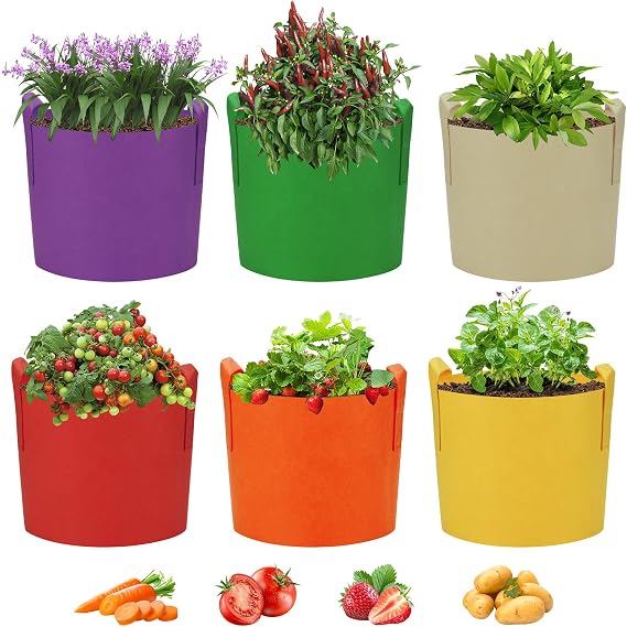 6 Pack 5 Gallon Grow Bags, Colorful Fabric Plant Pots with Handles, Garden 5 Gal Fabric Grow Pots, Vegetable Plant Growing Bags for Garden (5 Gallon)