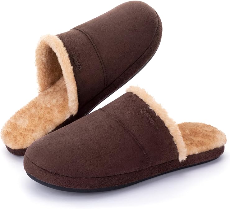 Mens Fuzzy Scuff House Slippers Indoor Memory Foam Winter Warm House Shoes(Coffee,Size 9-10)