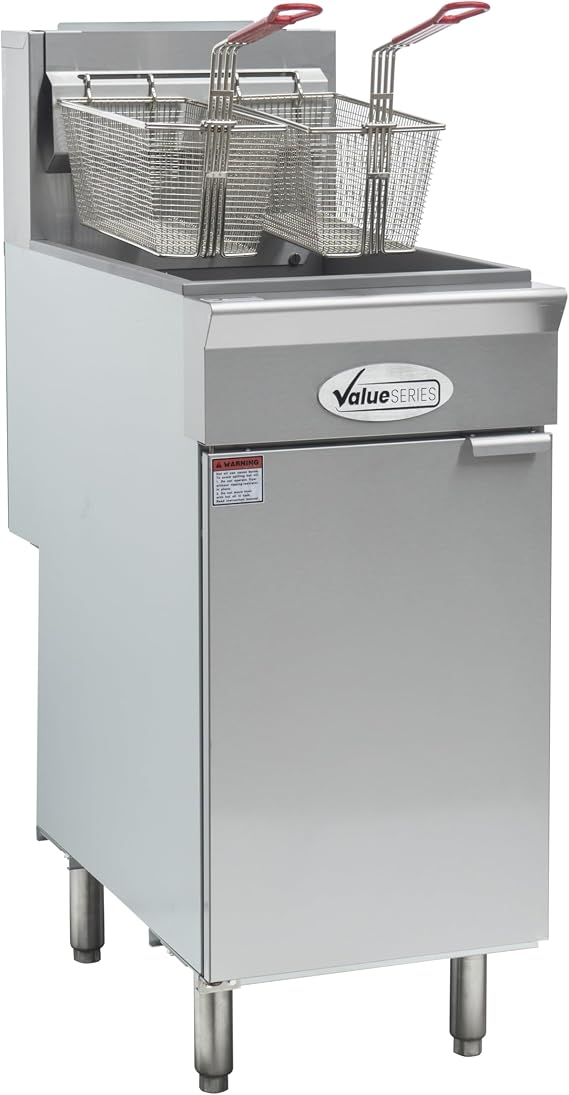 Value Series Commercial Deep Fryer | 40 lb. Stainless Steel Gas Floor Fryer for Restaurants | 3 Heating Tubes, 90,000 BTU | 2 Fryer Baskets Included | Natural Gas Powered (29R-001-NAT)