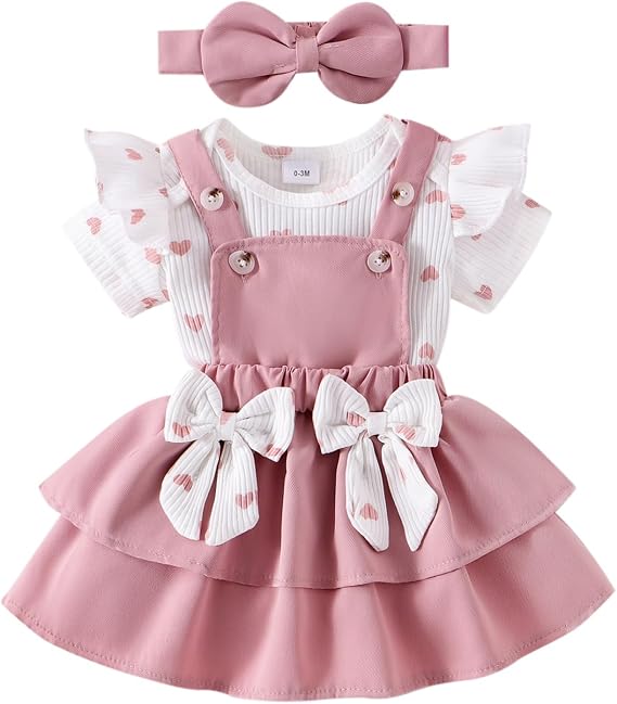 FOCUTEBB Baby Girl Clothes Newborn Romper Love Heart Print Short Sleeved Ruffled Bow Skirt Headband Outfits Set 0-18 Months