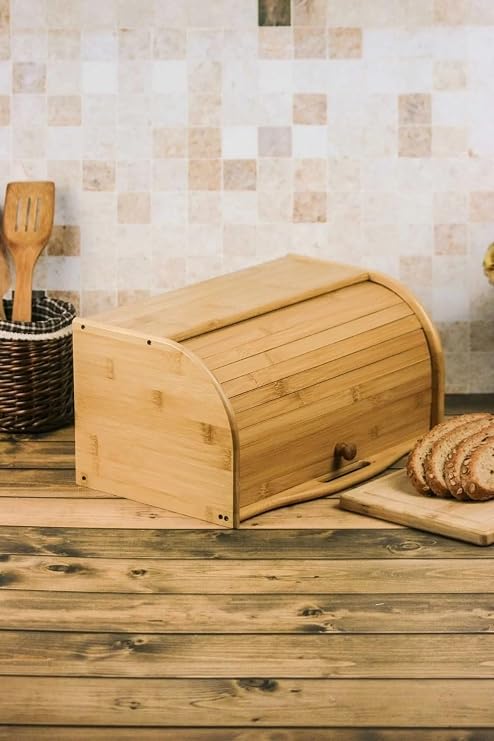 Deconox Bambu Lüks Panjur Kapaklı Büyük Ekmek Dolabı, Dolabı, Ekmek Sepeti Sandığı, Ekmeklik, Çok Amaçlı Bambu Kutu