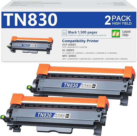 TN830 Toner Cartridge (Black, 2-Pack) Replacement for Brother TN830 TN830XL to use with HL-L2460DW HL-L2405W HL-L2400D HL-L2480DW MFC-L2820DW MFC-L2820DWXL Printer
