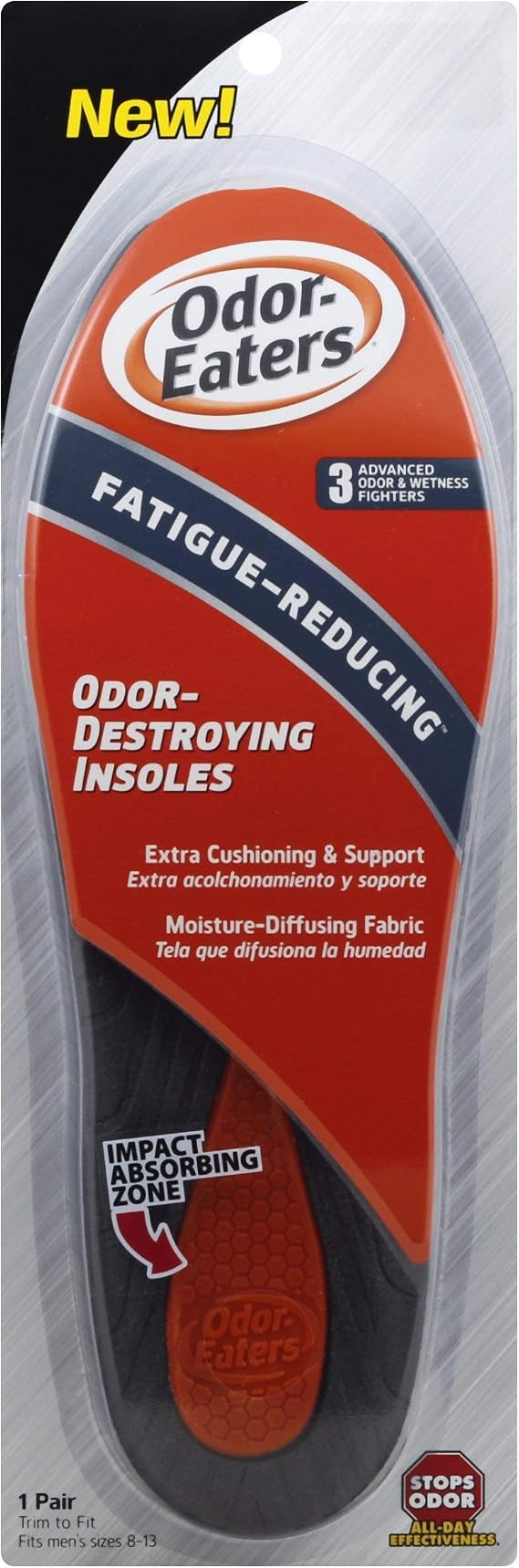 Odor-Eaters Fatigue-Reducing Insoles, 2 Count, Men's, Red/Black, Comfort Insole, Shoe Insole, Pad, Feet, Unisex, Solid
