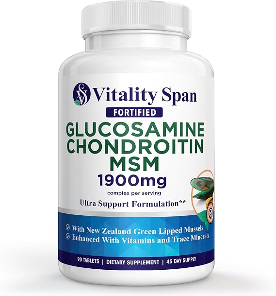 Glucosamine Chondroitin MSM Supplement 1900mg Glucosamine Sulfate, MSM Supplement & Chondroitin Sulfate High Potency Complex with Green Lipped Mussel 90 Tablets