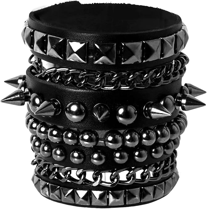 Eigso 3 Pcs Black Wide Studded Spikes Studded Cool Punk Steampunk 80s Theme Retro Bracelets for Men and Women with Adjustable Buckle