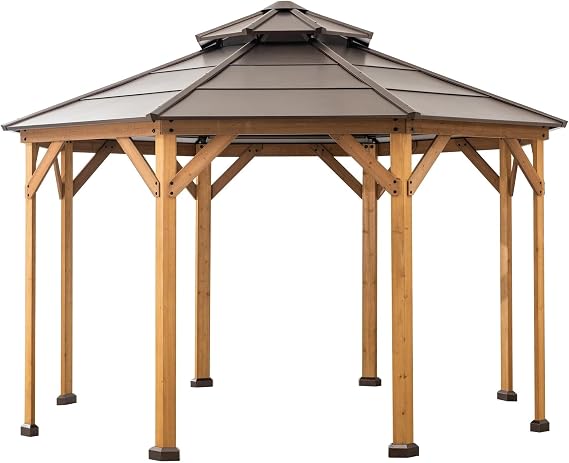 Sunjoy Ion Collection 13 x 13 ft. Cedar Framed Octagon Wood Gazebo with Brown Double Tiered Steel Hardtop Roof and Ceiling Hook for Garden, Backyard Shade