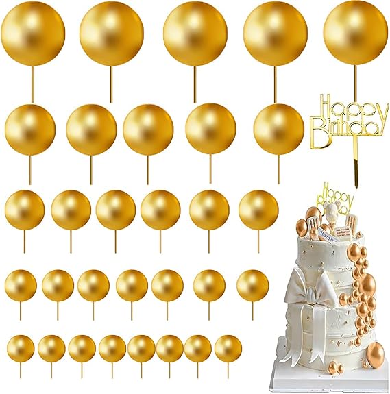 Gold Balls Cake Topper, 51pcs Ball Shaped Cake Insert Topper DIY Cake Insert Toppers with Acrylic Cake Topper for Birthday Party Wedding Baby Shower Decor