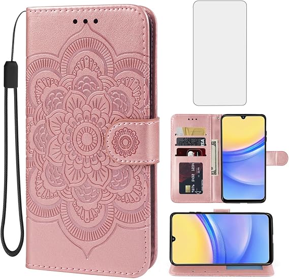 Case for Galaxy A16 5G, for Samsung A16 Wallet Case with Tempered Glass Screen Protector, Mandala Leather Flip Credit Card Holder Stand Phone Cover Cases for Samsung Galaxy A16 Rose Gold