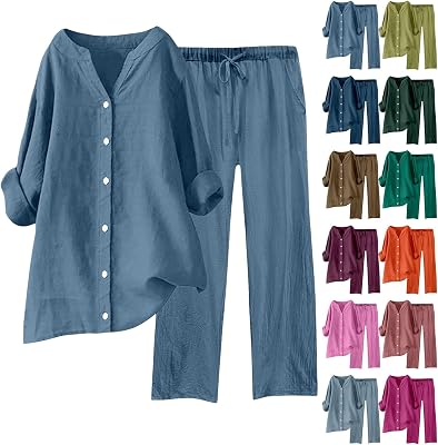 Two Piece Travel Sets for Women Plus Size Linen Wide Leg Pants Long Sleeve Button Shirt Lounge Streetwear Sets