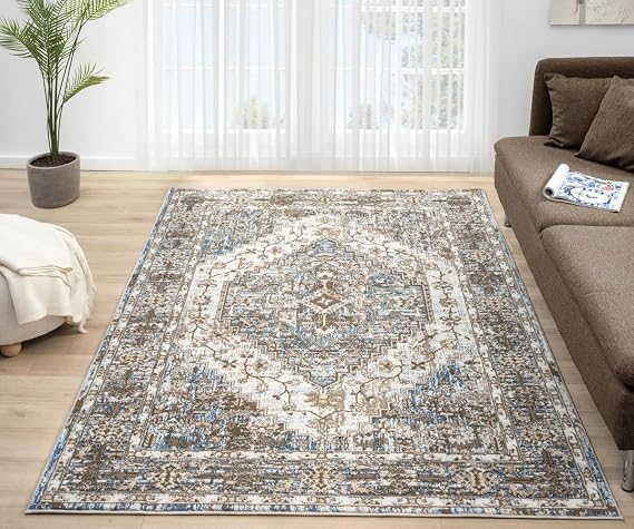 Lord of Rugs Traditional Vintage Rug for Dining Room, Living Room, Bedroom, Home Office, Kitchen Classic Bohomian Easy Care Rug Medallion Blue Anthracite 552AG Large 160x230 cm (5'3"x7'7")