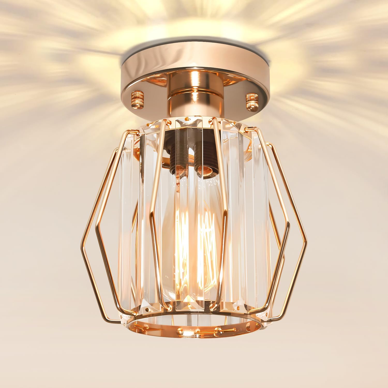 Hallway Ceiling Lights Crystal Lighting, Gold Samll Chandelier Modern Semi Flush Mount Ceiling Light Fitting for Entryway, Hall, Kitchen, Entrance, Bathroom [Energy Class A]