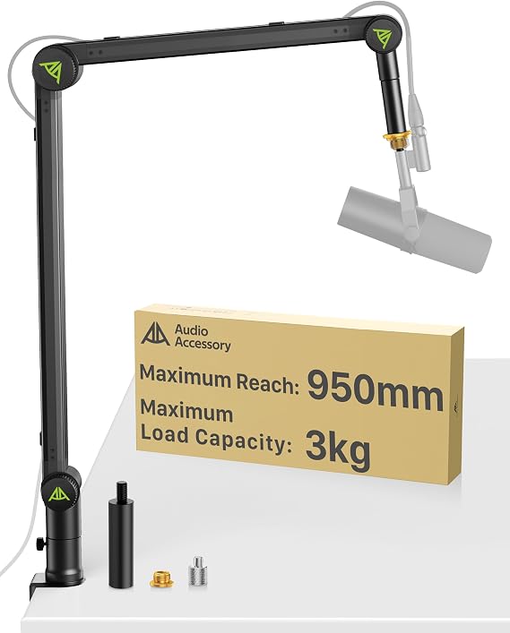 AA AUDIO ACCESSORY for Shure SM7B, SM7dB, MV7 | Never-Sag Mic Boom Arm, Extra-Long 950mm Reach, 3KG Load Capacity, Gear-Lock Suspension, Tall Microphone Stand Desk Mount for Blue Yeti, Rode Heavy Mics