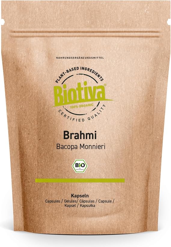 Brahmi Capsules Organic | 180 Capsules | 500mg per Capsule | Bacopa Monnieri | Memory Plant | Vegan | Without additives | Bottled and Controlled in Germany | Biotiva