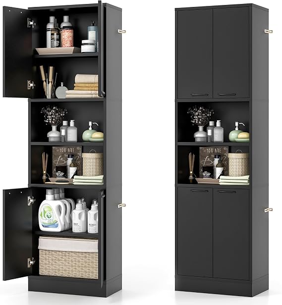 Tangkula 75" Tall Bathroom Storage Cabinet, Bathroom Floor Cabinet with 4 Doors & 2 Open Shelves, 4 Anti-toppling Devices, Freestanding Large Cabinet for Bathroom Living Room Kitchen (Black, 75" H)
