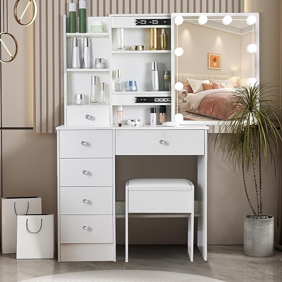 JBLCC Makeup Vanity Desk with Sliding Mirror and Lights, Vanity Set with 3-Color Lighted Mirror, Brightness Adjustable, 6 Drawers & Open Shelves, Small Vanity Gifts for Bedroom, Girls, Women
