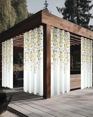 2 Panels Waterproof Outdoor Curtains 95 inches Long for Patio Flower Yellow Grey Cherry Blossoms White Indoor Outdoor Privacy Curtain Light Filter Grommet Drapes for Porch Cabana Pergola