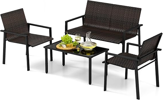GIANTEX Garden Lounge Outdoor Furniture Sets Garden Lounge Garden Furniture Set Polyrattan 4-Piece Patio Furniture 4 Person Seating Set Table 2 Chairs Bench Balcony Furniture Small Balcony Balcony Set Weatherproof