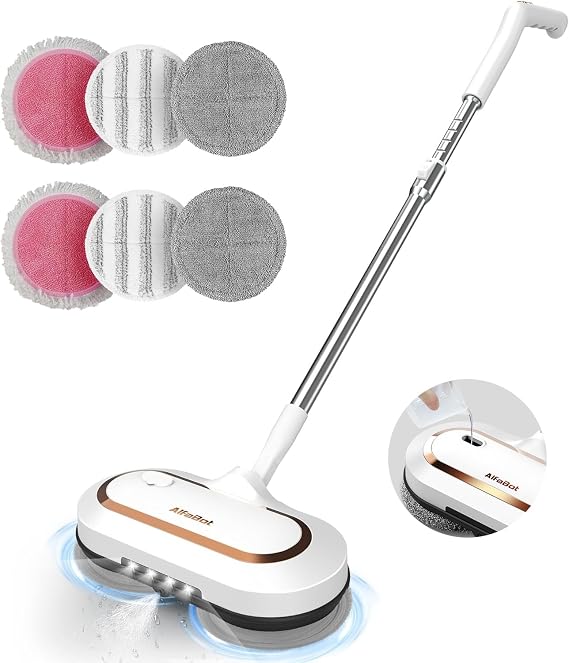 Cordless Electric Mop, AlfaBot Floor Cleaner with LED Headlight & Water Sprayer, Up to 60 mins Working Time, Dual-Motor Powerful Spin Mop with 13.6oz Water Tank for Multi-Surface, Self-Propelled