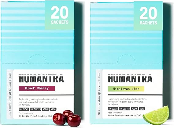 Humantra Electrolytes Powder - Black Cherry & Himalayan Lime Flavor, 40ct - Powdered Hydration Sachets - Plant-Based Electrolyte Powder with 6 Electrolytes - Vegan, Sugar Free, Gluten Free